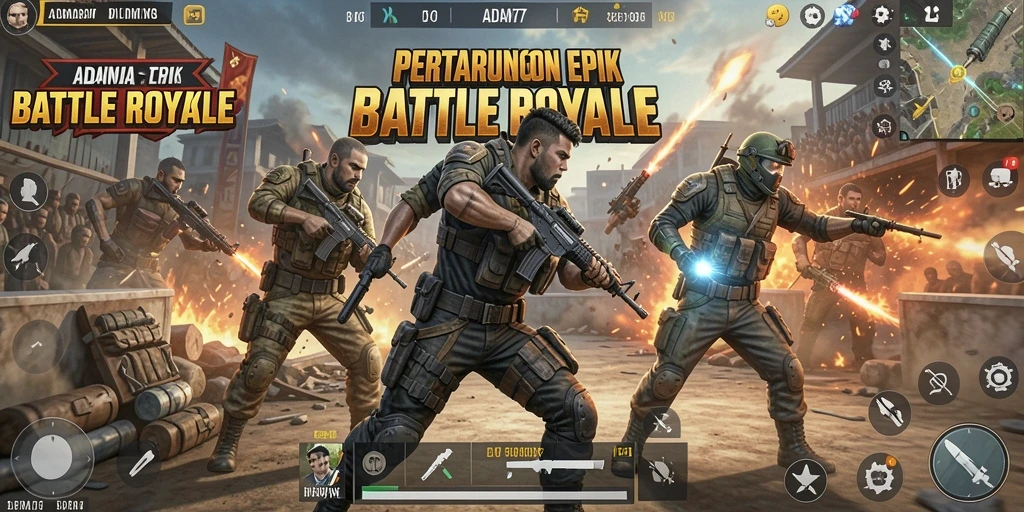 Tangkapan layar gameplay ADAM77 yang menampilkan aksi Battle Royale yang mendebarkan.