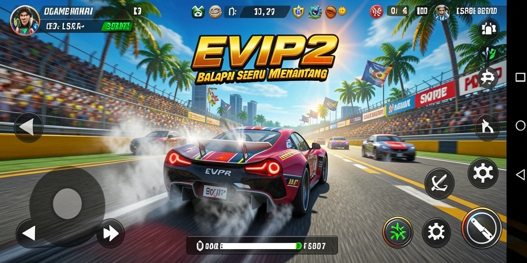 Screenshot gameplay EVIP2 menampilkan mobil balap dalam aksi.