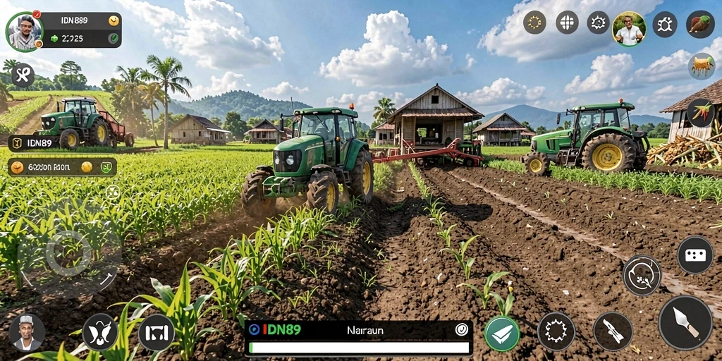 Screenshot gameplay <strong>IDN89</strong> menunjukkan petani yang bekerja di ladang.