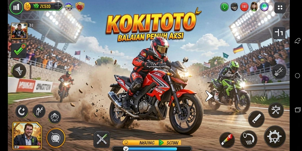 Tampilan gameplay KOKITOTO dengan balapan motor yang mendebarkan.