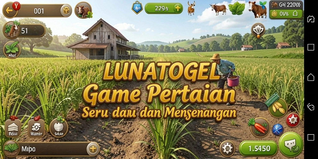 Screenshot gameplay LUNATOGEL menampilkan lahan pertanian yang subur dan aktif.