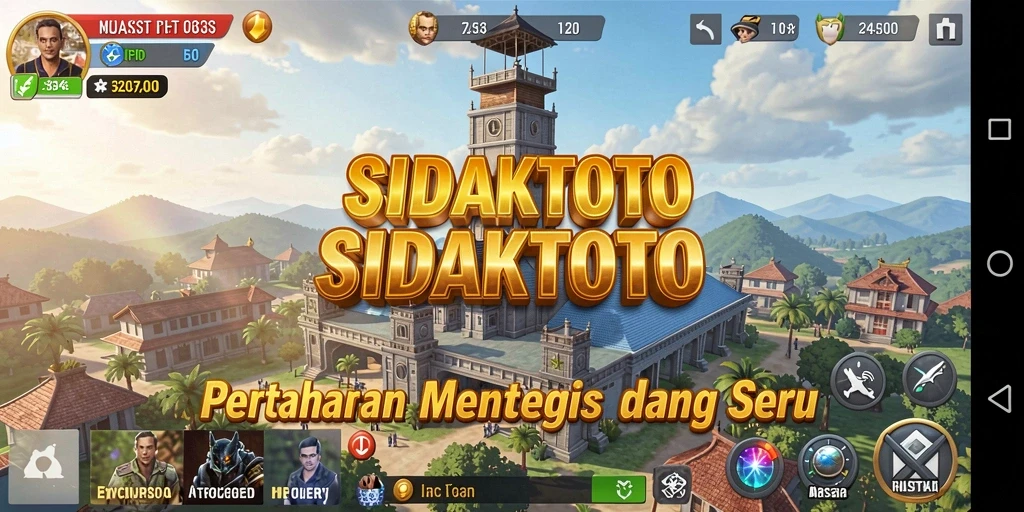 Screenshot gameplay SIDAKTOTO dengan menara pertahanan yang sedang beraksi.
