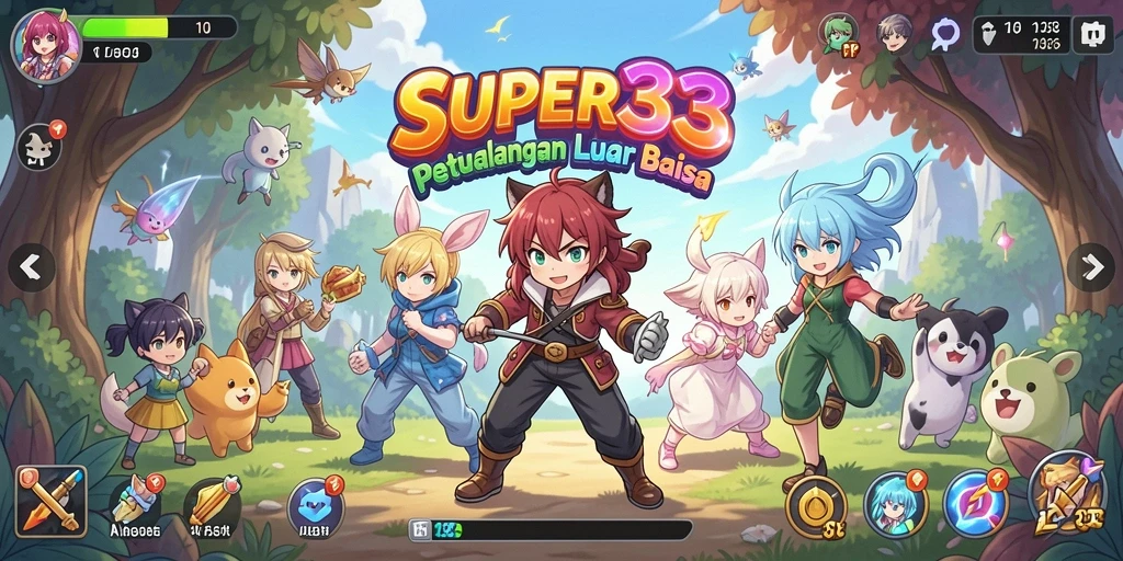 Screenshot utama SUPER33 menampilkan pertarungan karakter anime yang seru.