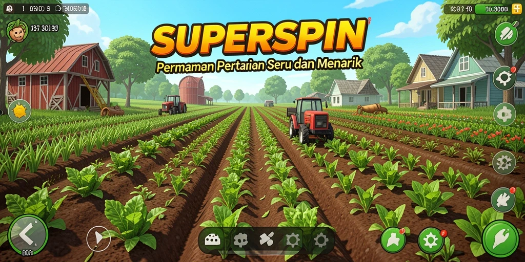Tampilan gameplay SUPERSPIN saat bertani di ladang yang indah.